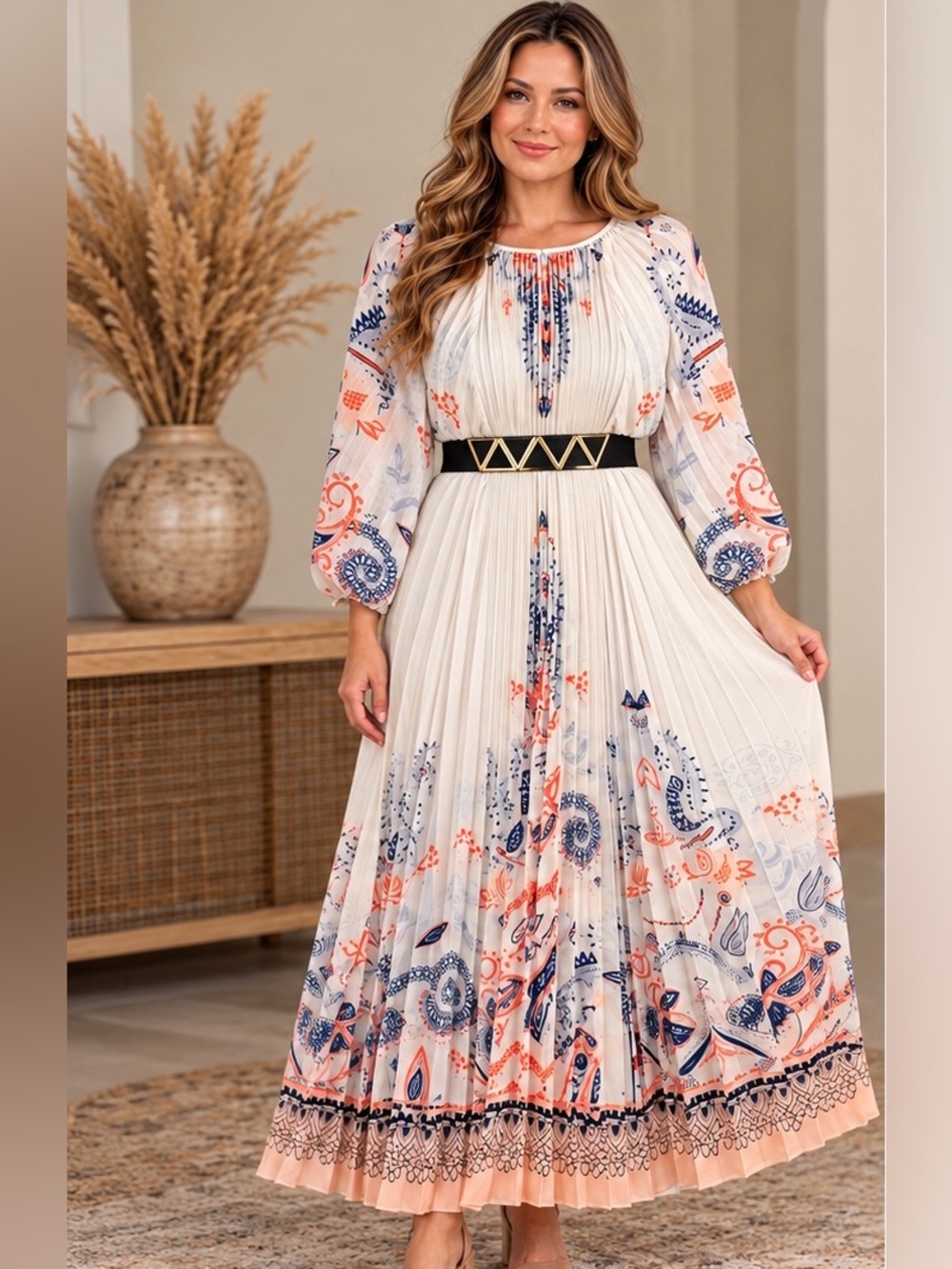 Beulah NWT Pleated Boho Maxi Dress Balloon Sleeve